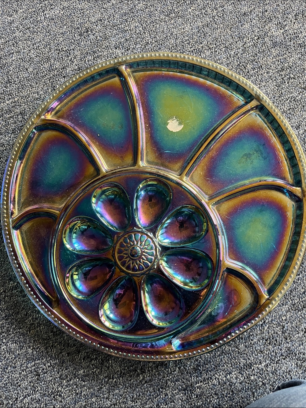 Blue carnival glass.